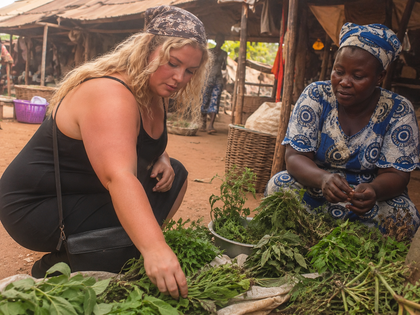 Kristen Arthur sourcing herbs with a local grower in a Ghanaian market
