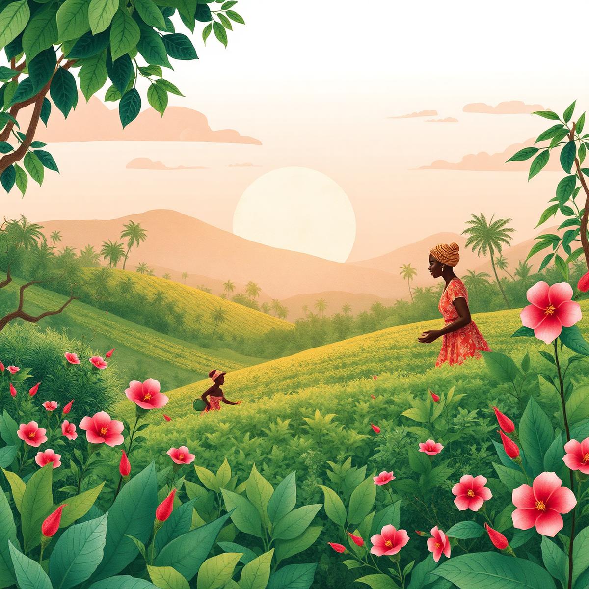 Illustration of women harvesting herbs on lush green Ghanaian hills at golden hour